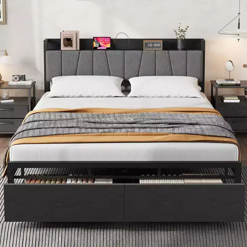 Queen Platform Bed Frame with Upholstered Headboard, 2 Storage Drawers & Charging Station – No Box Spring Needed