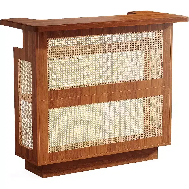 Lantine Rattan Home Bar Unit, Farmhouse 4-Tier Mini Bar Table with 4 Stemware Racks and Heightened Base, Liquor Bar Cabinet for Home Pub