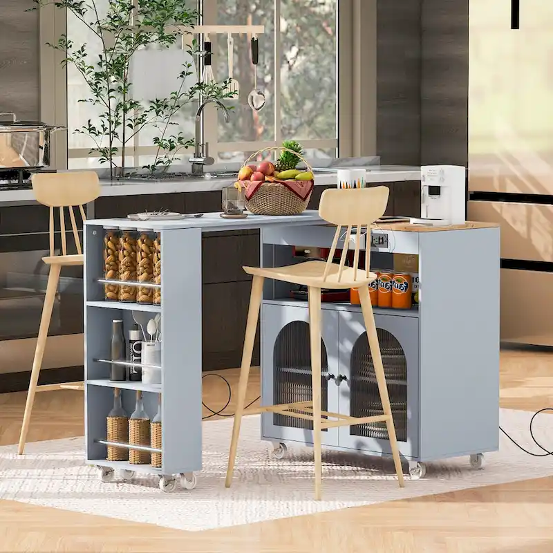 LED Lights Kitchen Island Cart With Extended Table and Power Outlets