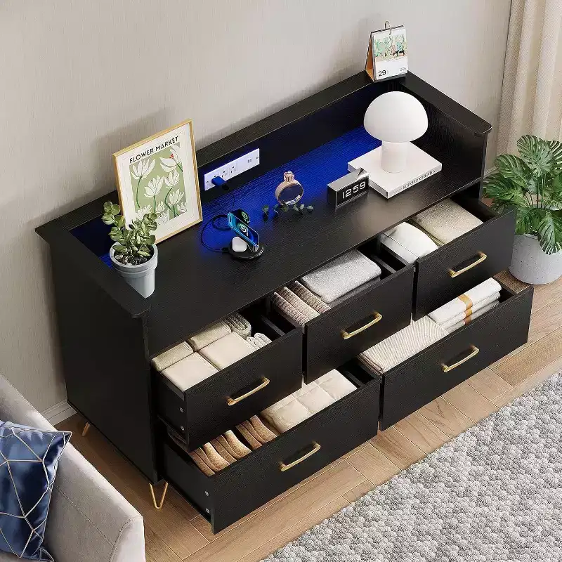 47 Inch Wide Dresser for Bedroom with 5 Spacious Drawers and LED Lights, Chest of Drawers with Built-in Charging Station, Freestanding Cabinet