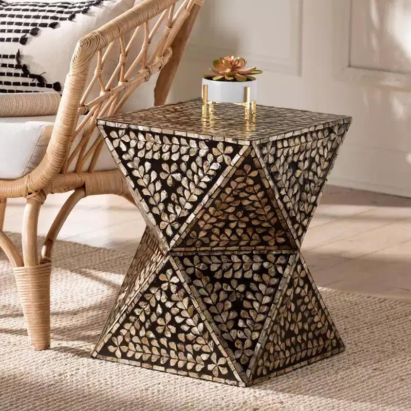 Mother of Pearl End Table - Black/Floral Bronze, MDF, 18.1 x 13.8 in.