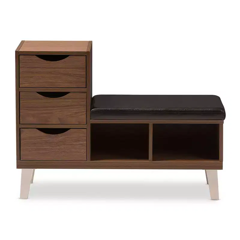 Arielle Modern and Contemporary Wood 3 - Drawer Shoe Storage Padded Leatherette Seating Bench with Two Open Shelves - Walnut Brown - Baxton Studio