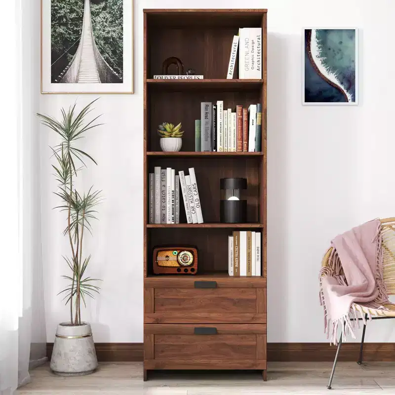 MAYEERTY Bookshelf with Drawers 4 Shelf for Home Living Room Walnut