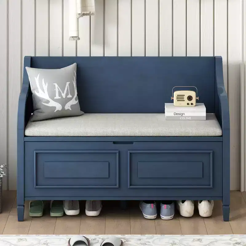 Rustic Style Entryway Multifunctional Storage Bench with Hidden Storage Space and Safety Hinge