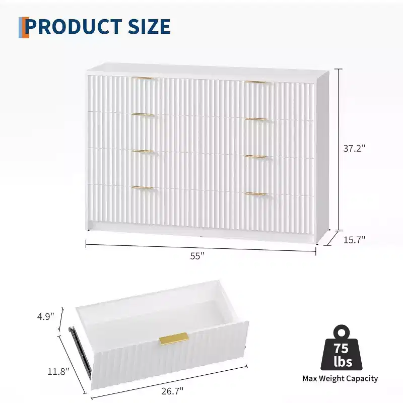 Groove-patterned vanity table with 8 drawers and double layers, large capacity with anti-tilt design, equipped with metal handles