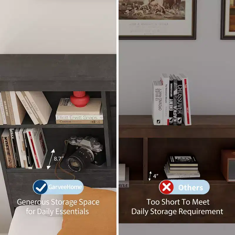 Bed Frame with Bookcase Headboard, 4 Drawers & Built-in Charging Station – No Box Spring Needed