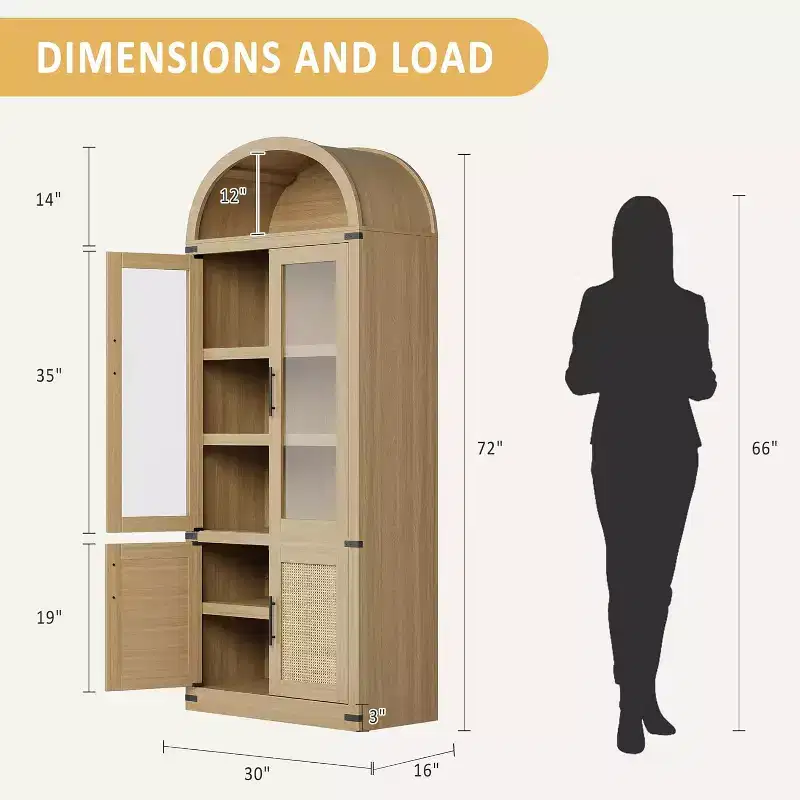 Arched Bookcase with Doors Modern 6-Tier Bookshelf with Storage Wooden Display Cabinet Farmhouse Storage Shelves for Living Room,Office