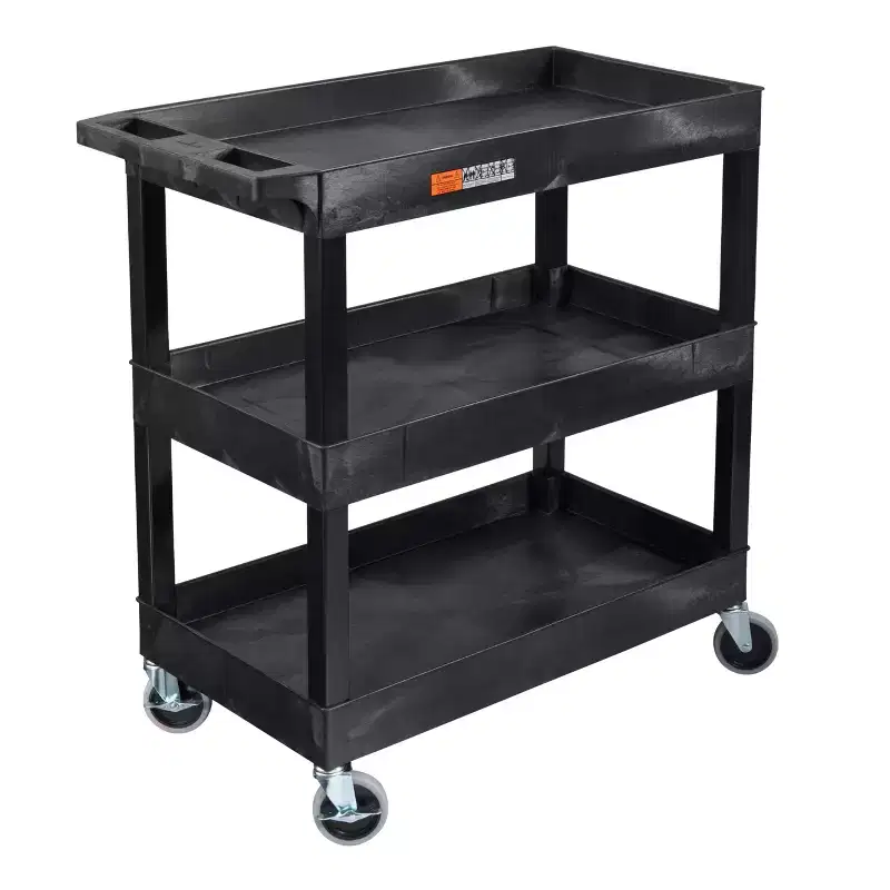 Tubstr 3 Shelf Utility Push Cart - Heavy-Duty Plastic Service Cart for Offices, Warehouse, Garage, and Kitchen (Black, 32 x 18)