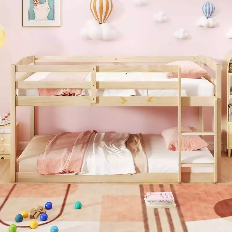 Costway Twin over Twin Low Bunk Bed with Guardrails Integrated Ladder Kids Wooden Grey/White/Beige/Pink