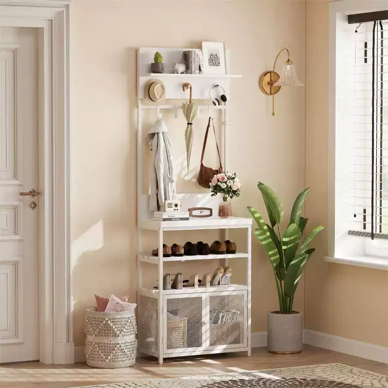 31.5 Wooden Hall Tree  Entryway Table with Coat Rack, 2-Tier Shoe Shelf, 7 Hooks & Mesh Cabinet for Foyer or Front Door