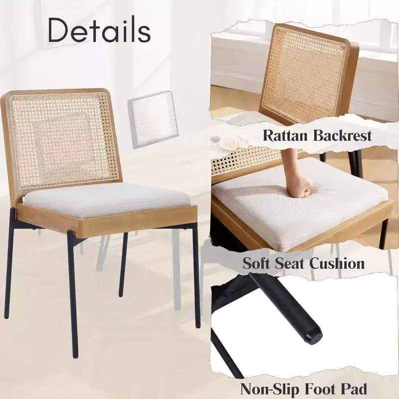 GDFStudio Becher Mid-Century Modern Rubber Wood and Linen Upholstered Dining Chair with Rattan Backrest (Set of 2)