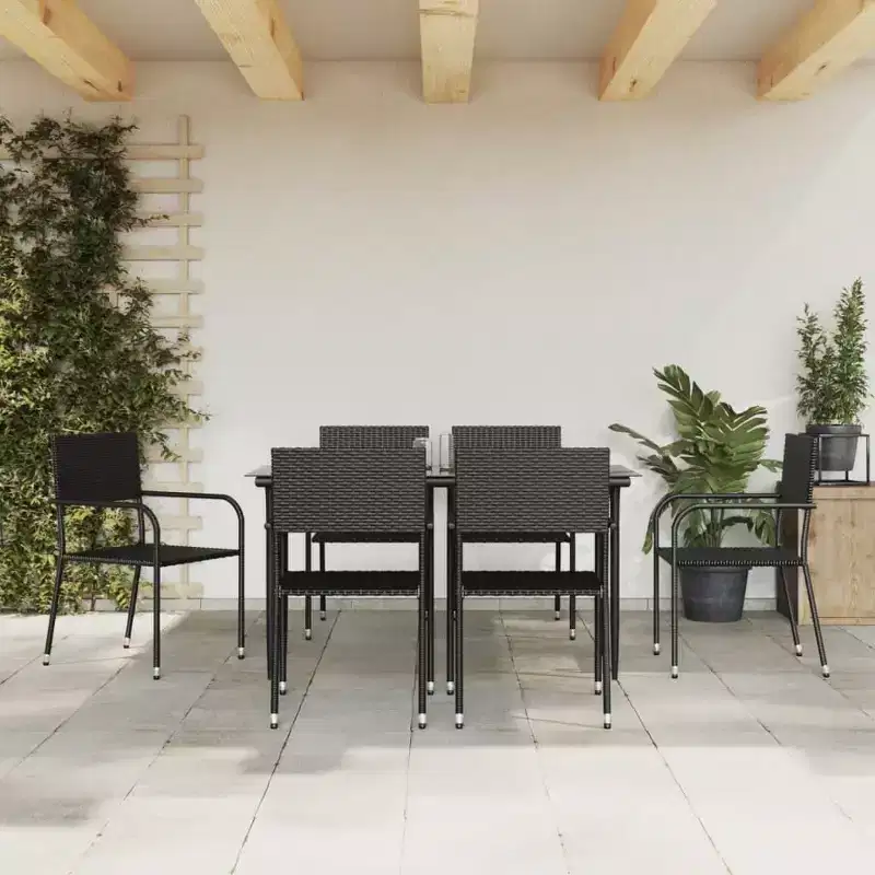 vidaXL Garden Dining Set Black Poly Rattan, Steel, Tempered Glass - 55.1 Table Length 6 Items