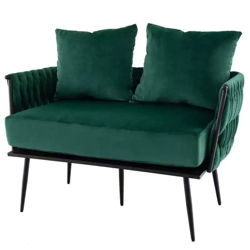 Modern Loveseat Sofa, Dutch Velvet with Woven Back and Arms, 350 lb Capacity, Green/Grey