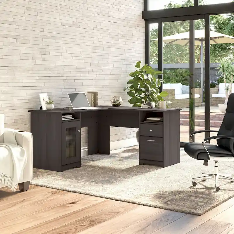 60W L-Shaped Computer Desk with Storage Cabinet & File Drawer