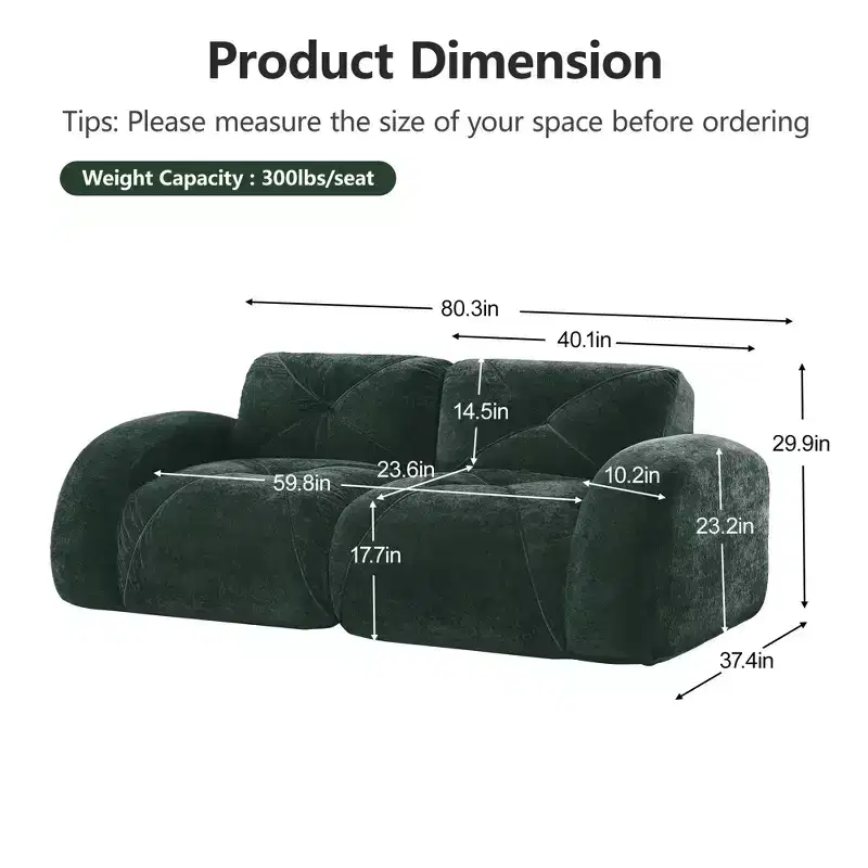 Clihome 2-Seater Tufted Sofa Couches with boneless Sofa,Soft Velvet Fabric,Bottom Anti-Slip Design,32D High Density Sponge,Ergonomic Design Bottom
