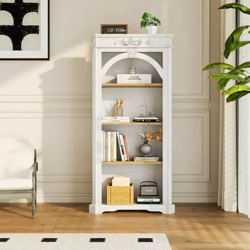 Modern Arched Display Cabinet with 4 Shelves, Freestanding Storage Cabinet for Living Room, Hallway & Office, White