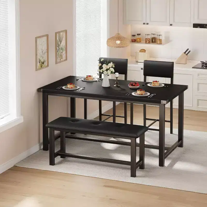 Dining Table for 4, Kitchen Table and 2 Upholstered Chairs with Bench, Wooden Rectangular Dining Room