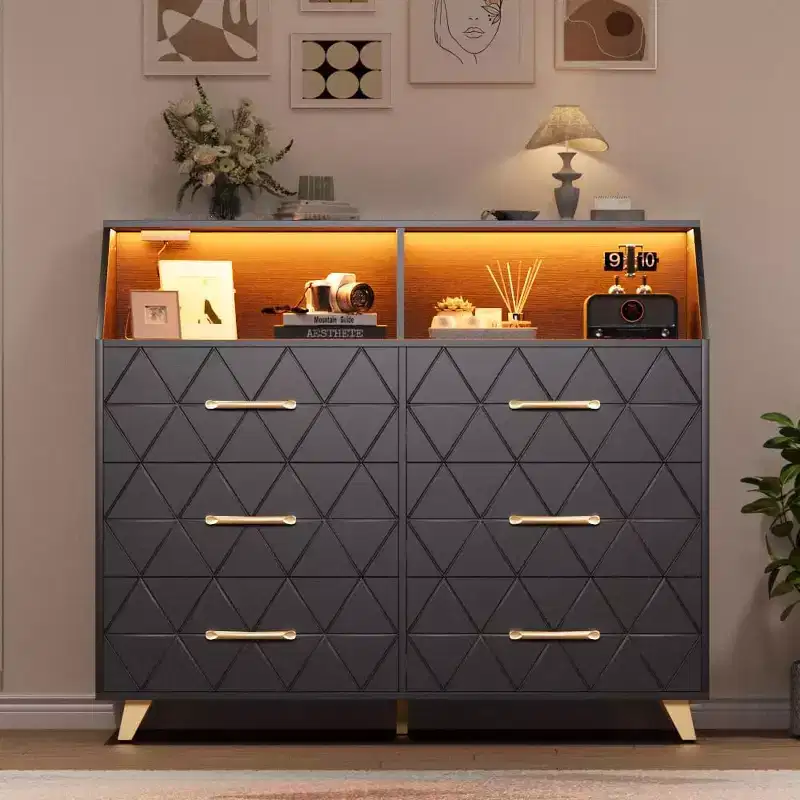 CuisinSmart 6 Drawer Dresser, Wooden Dresser with Charging Station, Modern Storage Cabinet Chests TV Stand of Drawers for Living Room