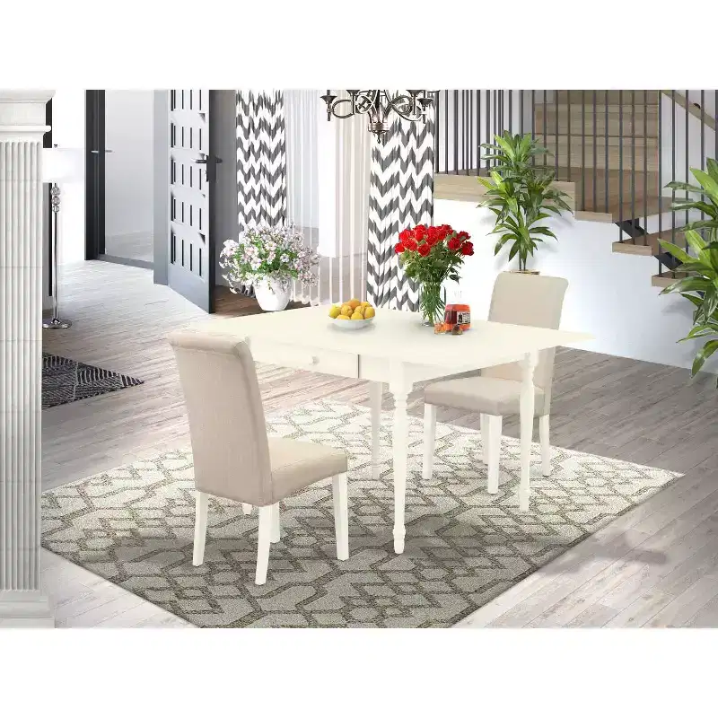 3-Piece Linen White Finish Solid Wood Top with Dropleaf Dining Table