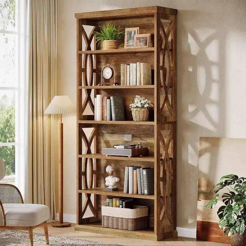 Lantine 6-Tier Wooden Bookshelf, 71 Tall Freestanding Bookcase, Industrial Display Shelves for Home Office, Living Room, Brown