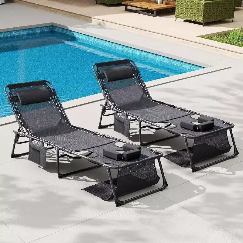 MooxvMoo 2PCS Tanning Chair with Face Hole, Folding Beach Chaise Lounge Chair with Carrying Handle, Side Pocket, 5-Position Adjustable, Black