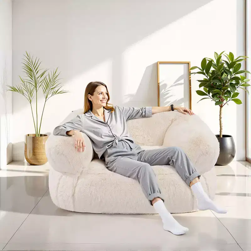 Bean Bag Chair, BeanBag Sofa Chair with Armrests for Adults, Fluffy Plush & High-Density Foam Filling Adult Bean Bag with Zapper, Beige