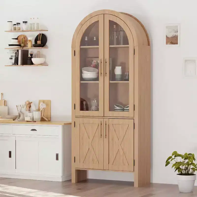 Arched Display Cabinet 60 Kitchen Storage with Adjustable Shelves Glass Doors Modern Wood Pantry for Bathroom Entryway Dining Room