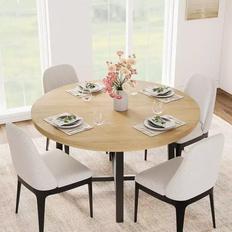 Round Dining Table, Industrial Dinner Table for 4 to 6, Wooden Kitchen Table with Sturdy Metal Frame & Rustic Finish