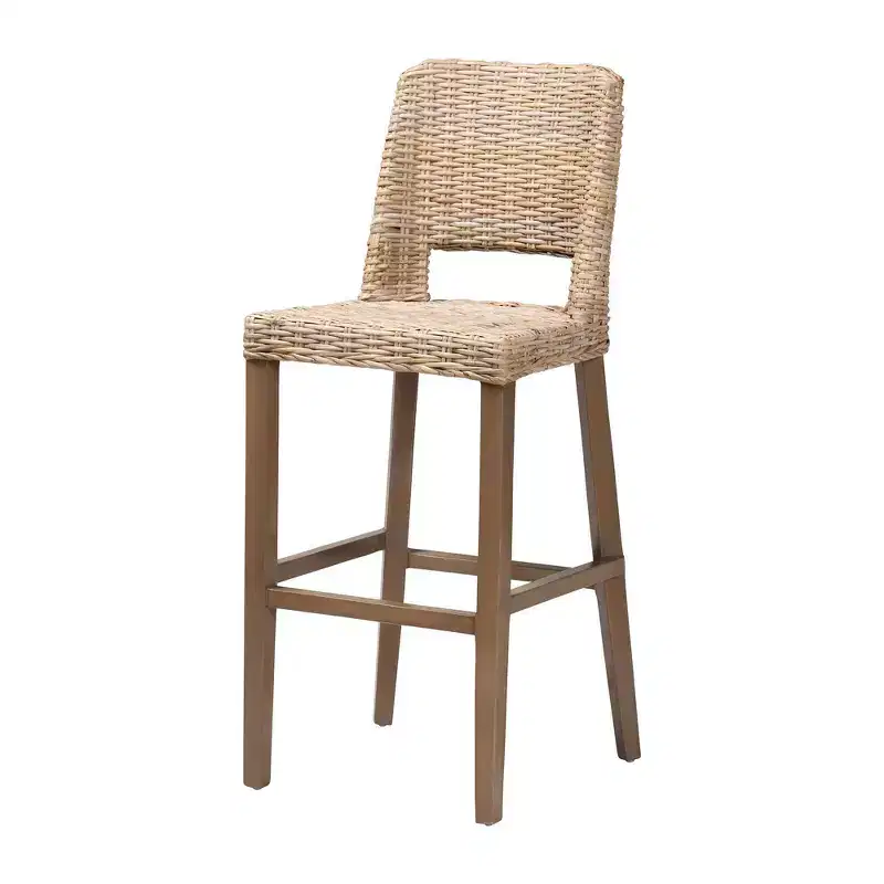 Rattan and Mahogany Wood Barstool Gray/Rustic Taupe