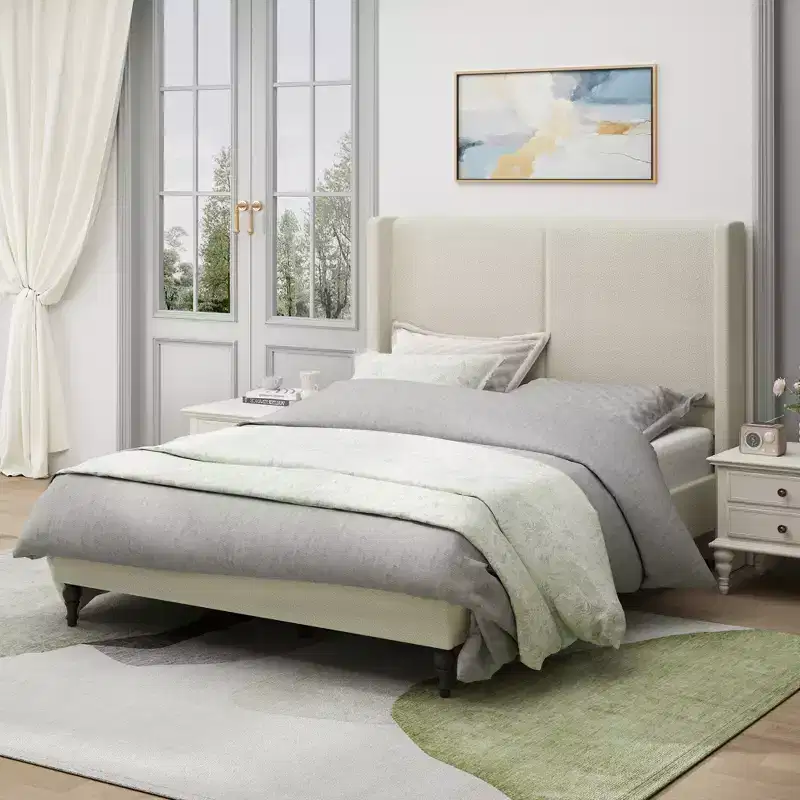Boucle Upholstered Wood Bed with 55 Inch Wingback Headboard