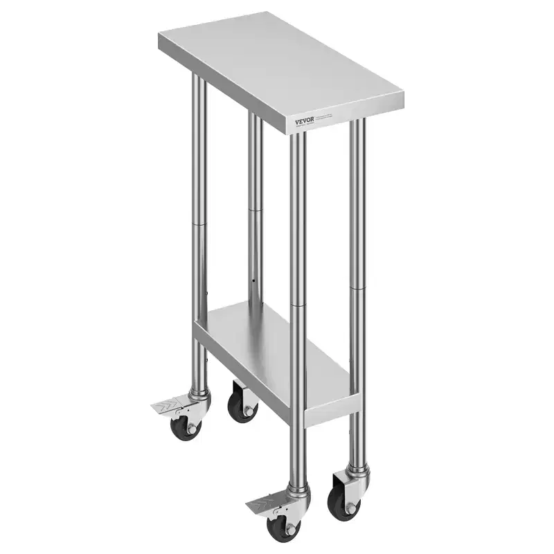 Stainless Steel Work Table 24 x 12 x 38 Inch, 500 LBS Load Capacity with 4 Wheels, 3 Adjustable Height Levels, Heavy Duty Food Prep Worktable