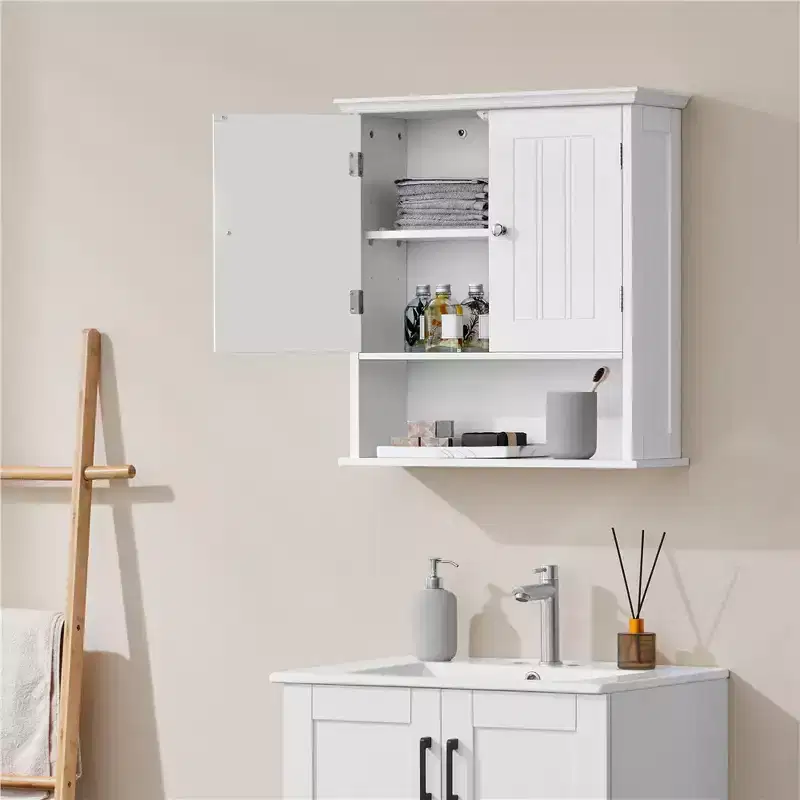 Yaheetech Living Room Wall-Mounted Cabinet with Open Compartment and Adjustable Shelf for Laundry Room, Mudroom, White