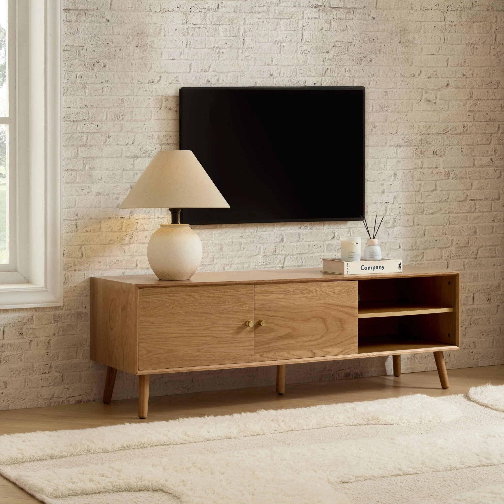 Scandi Light Wood Oak TV Unit with Storage for TVs up to 60 Inch for Living Room