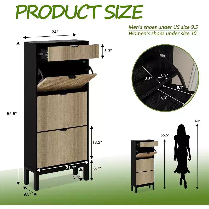 Farmhouse Fluted Shoe Storage Cabinet with 3 Flip Drawers, Slim Freestanding Narrow Shoe Organizer with Metal Legs
