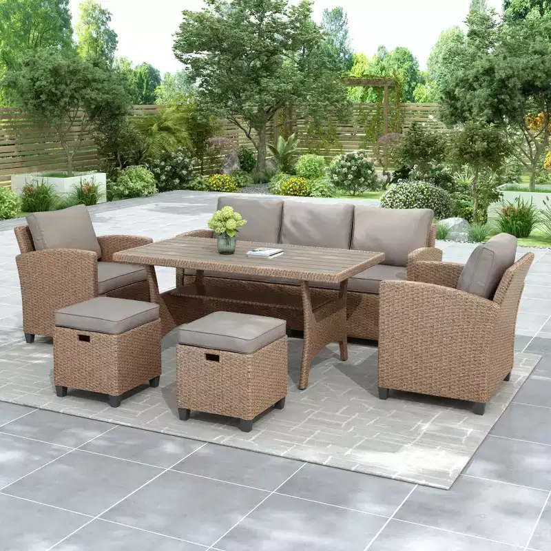 GDFStudio Gary Outdoor 6-Piece PE Rattan and Steel Upholstered Dining Sets