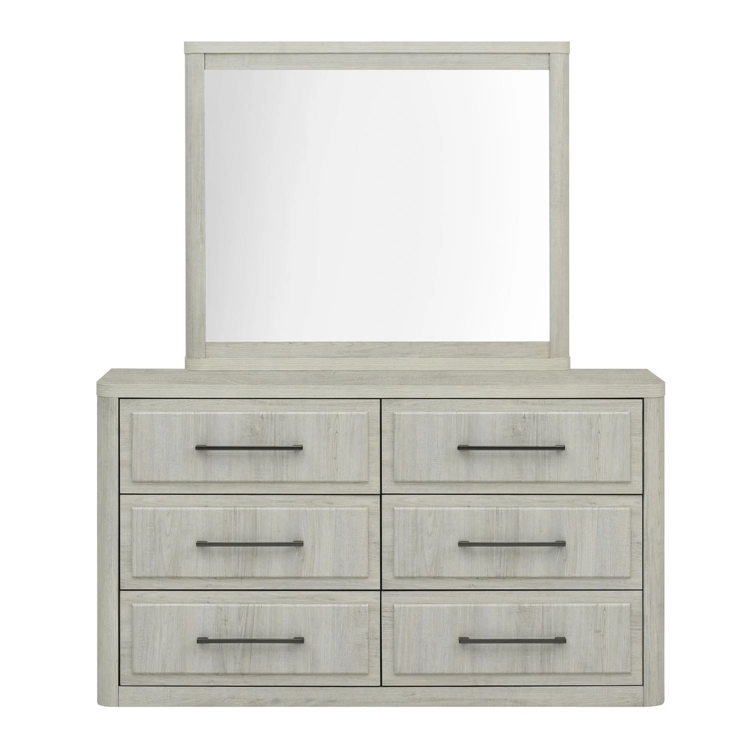 Dresser & Mirror - Natural White — - Dresser & Mirror - White Product Features Bronze Bar Pull Hardware Gently Rounded Corners &