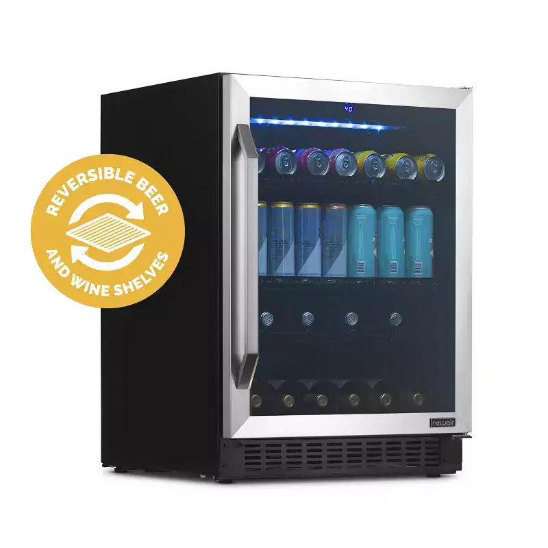 Newair FlipShelf 24 Wine and Beverage Refrigerator 179 Cans or 49 Bottles, Reversible Shelves, Built-in Fridge or Freestanding Drinks and Wine Cooler