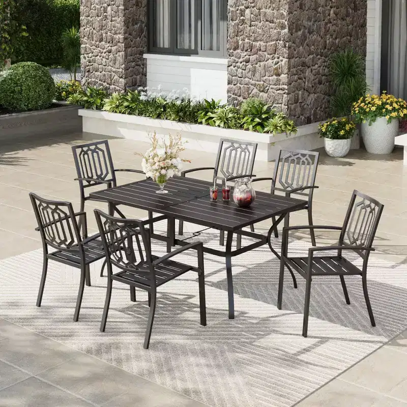 7pc Outdoor Rectangular Table & 6 Chairs with Square Design - Black - Captiva Designs