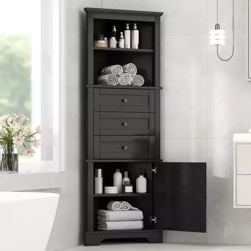 Triangle Corner Storage Cabinet with 3 Drawers and Adjustable Shelves