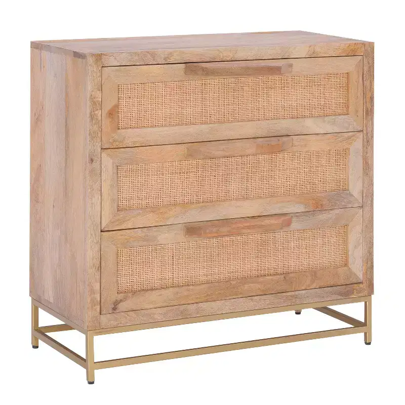 Transitional 3-Drawer Cabinet with Natural Cane and Gold Metal Base