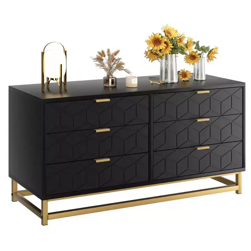 6-Drawer Double Dresser with Gold Handles - Modern Bedroom Chest of Drawers for Hallway & Entryway