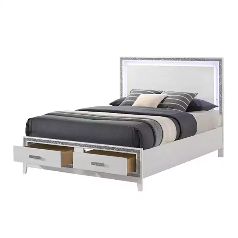 Acme Furniture 84 Eastern King Bed Haiden Bed White Finish: Faux Leather Upholstery, LED Light, Storage Drawer