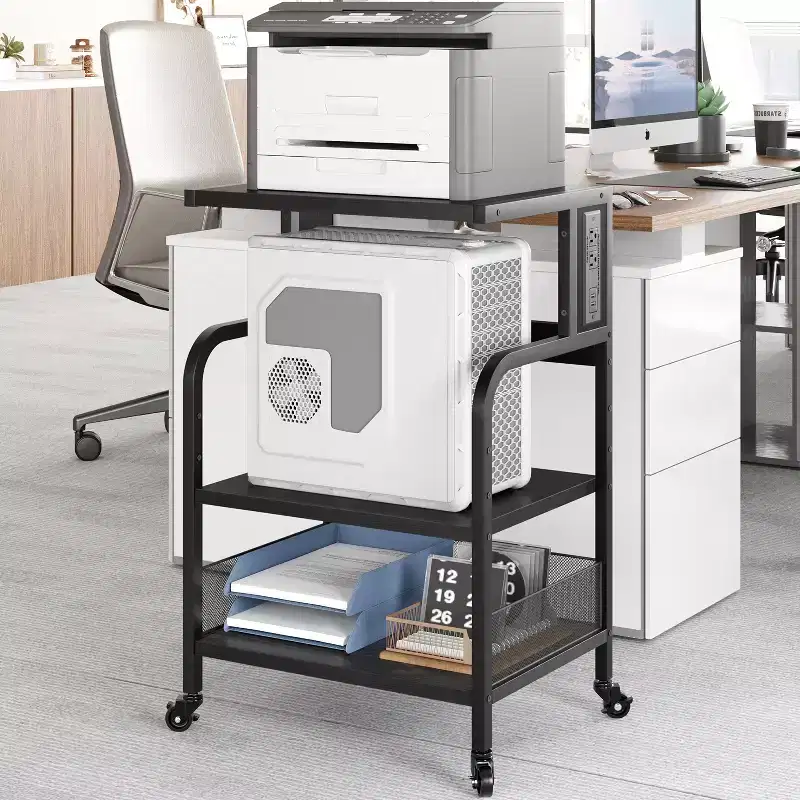 3-Tier Rolling Printer Stand with Power Outlet, Adjustable Storage Shelf & Wheels for Home Office, Fax Machine, Scanner