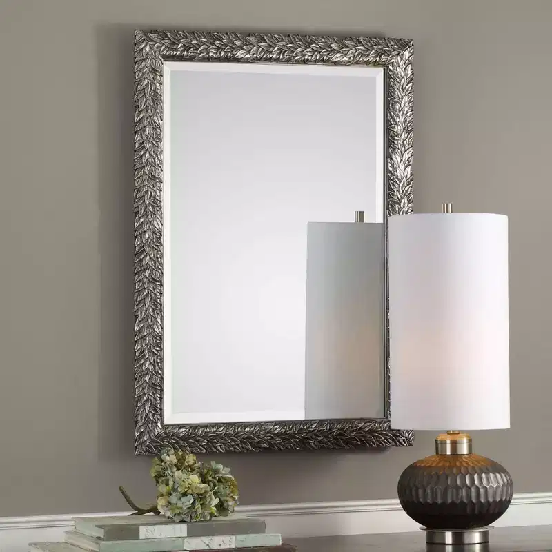 Rectangular Vanity Decorative Wall Mirror Beveled Burnished Metallic Silver Leaf Frame 24 3/4 Wide for Bathroom Bedroom