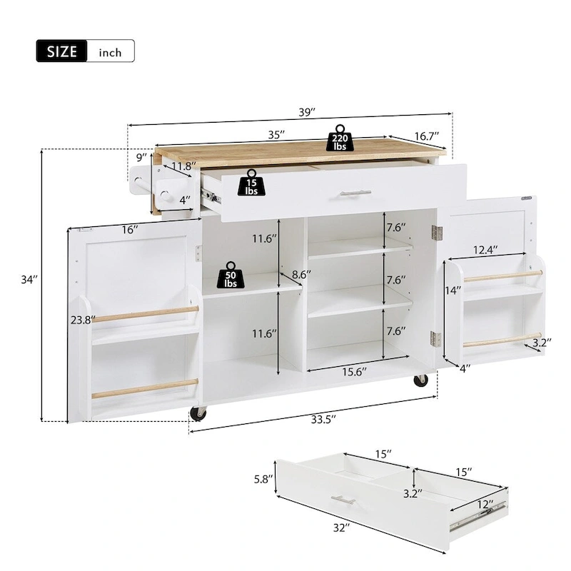 Rolling Kitchen Cart with Adjustable Shelf Tower Rack and Rubber Top - N/A