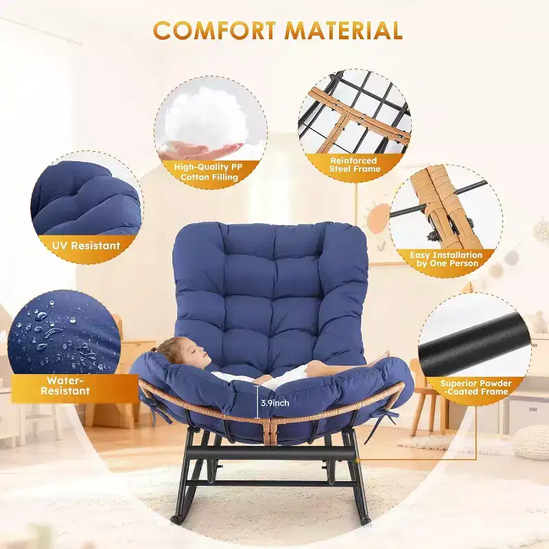 COZONY 2 Piece Papasan Rocking Chair Set, Oversized with Foot Rest Thick Removable Cushion Metal Frame PE Rattan for Patio Porch Garden Living Room