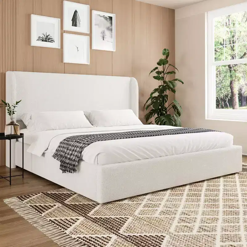 Tracy Boucle Upholstered Wingback Bed Frame with Headboard, Metal Legs and Slats