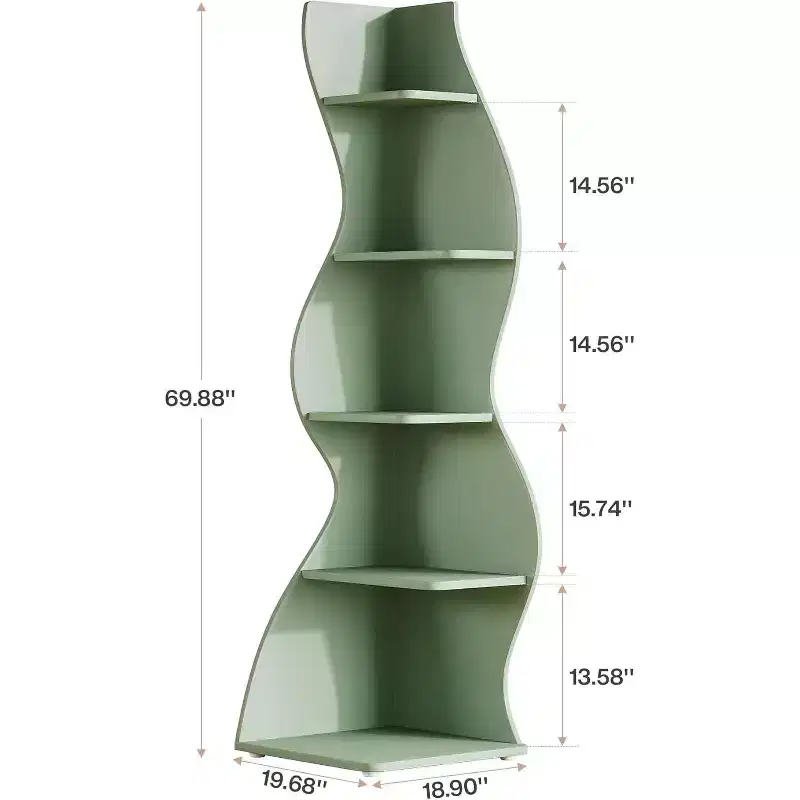 Lantine Wavy Corner Shelf, Modern 5-Tier Bookshelf Bookcase with Curvy Shape, Unique Plant Stand Display Rack for Living Room Small Space (Green)