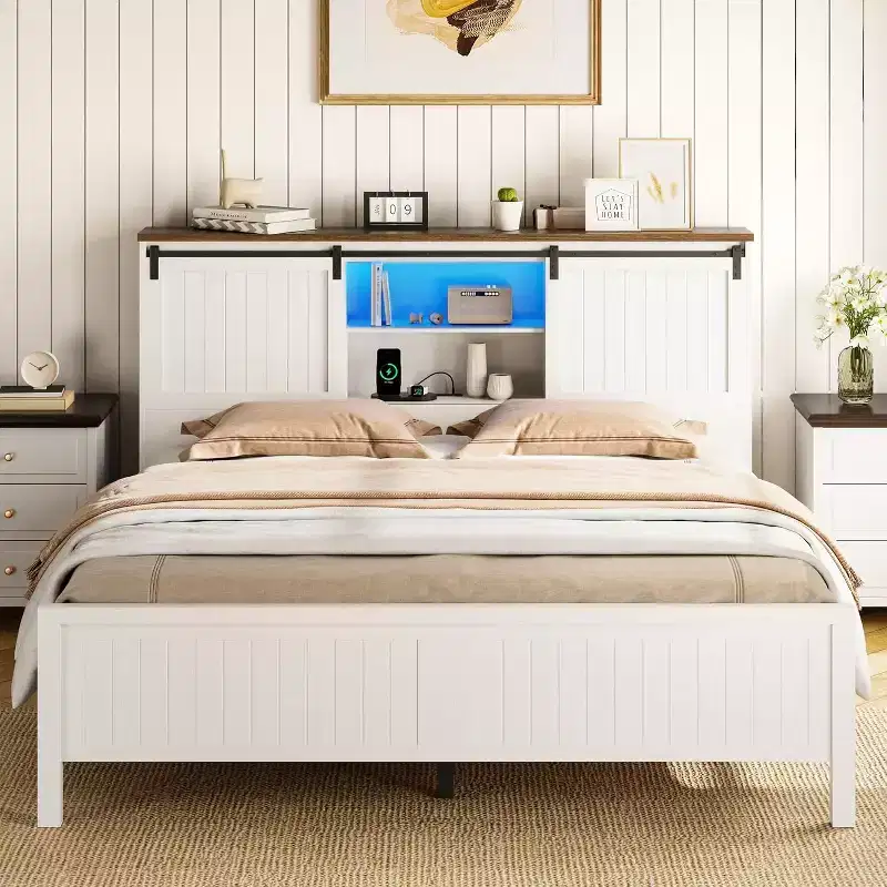 Farmhouse Bed Frame with Storage Bookcase Headboard, LED Lights, Charging Station, 2 Sliding Barn Doors, No Box Spring Needed, White+Walnut