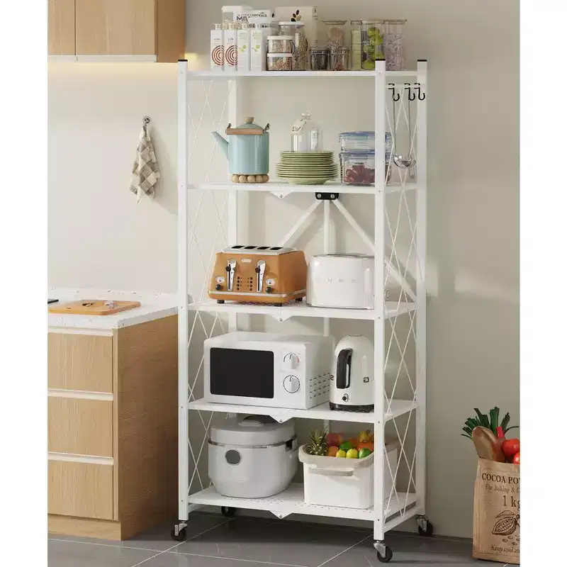 5-Tier Foldable Metal Storage Shelf with Wheels and Side Hooks Heavy Duty Organizer Rack White